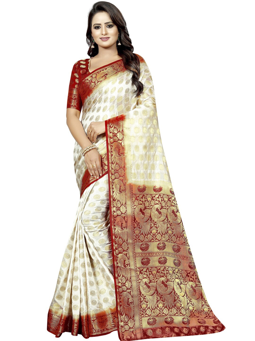 

PERFECT WEAR White & Golden Ethnic Motifs Zari Silk Cotton Banarasi Saree