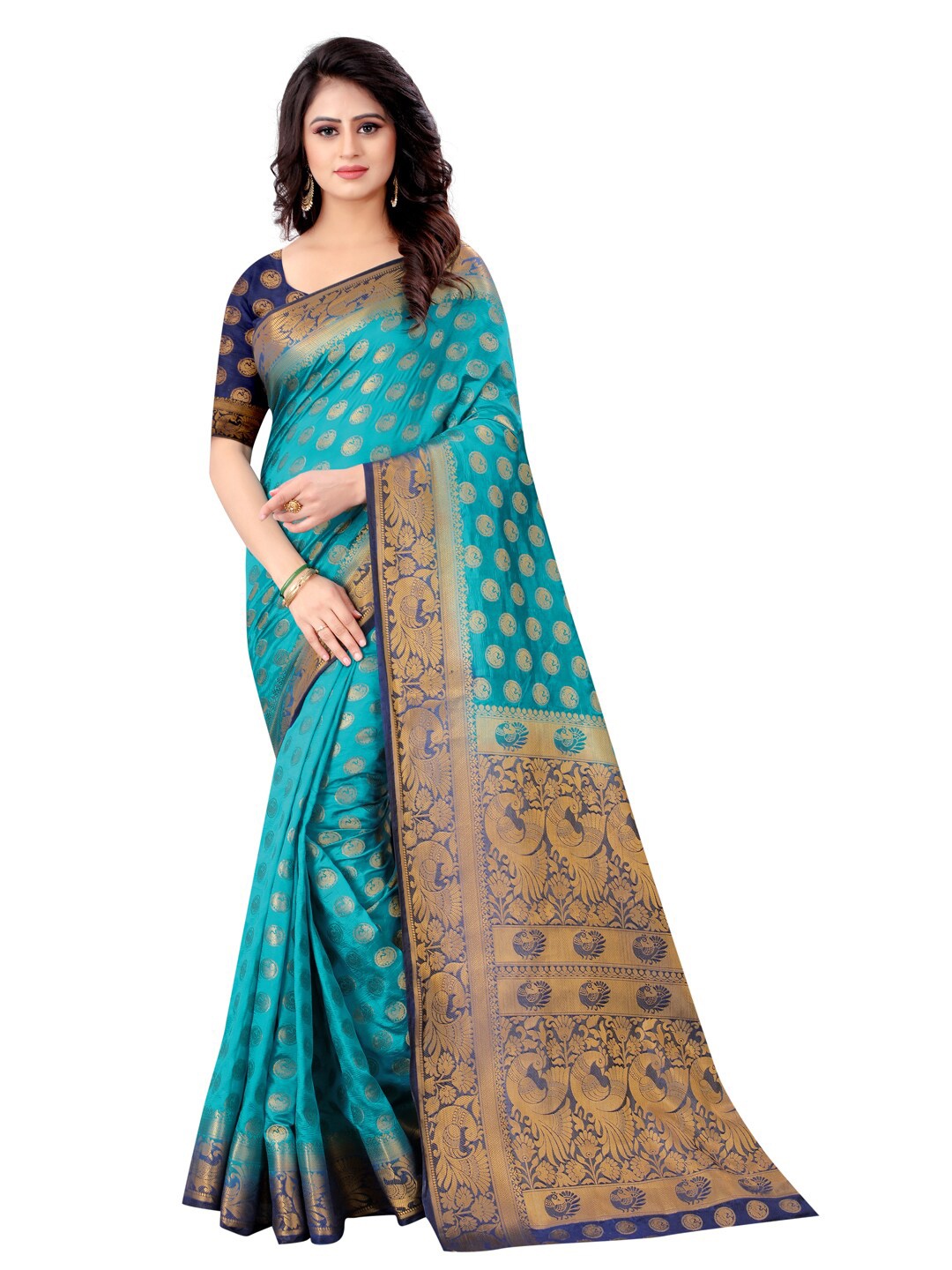 

PERFECT WEAR Navy Blue & Gold-Toned Zari Banarasi Saree