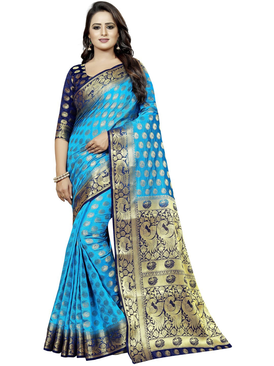 

PERFECT WEAR Blue & Navy Blue Woven Design Zari Silk Cotton Banarasi Saree