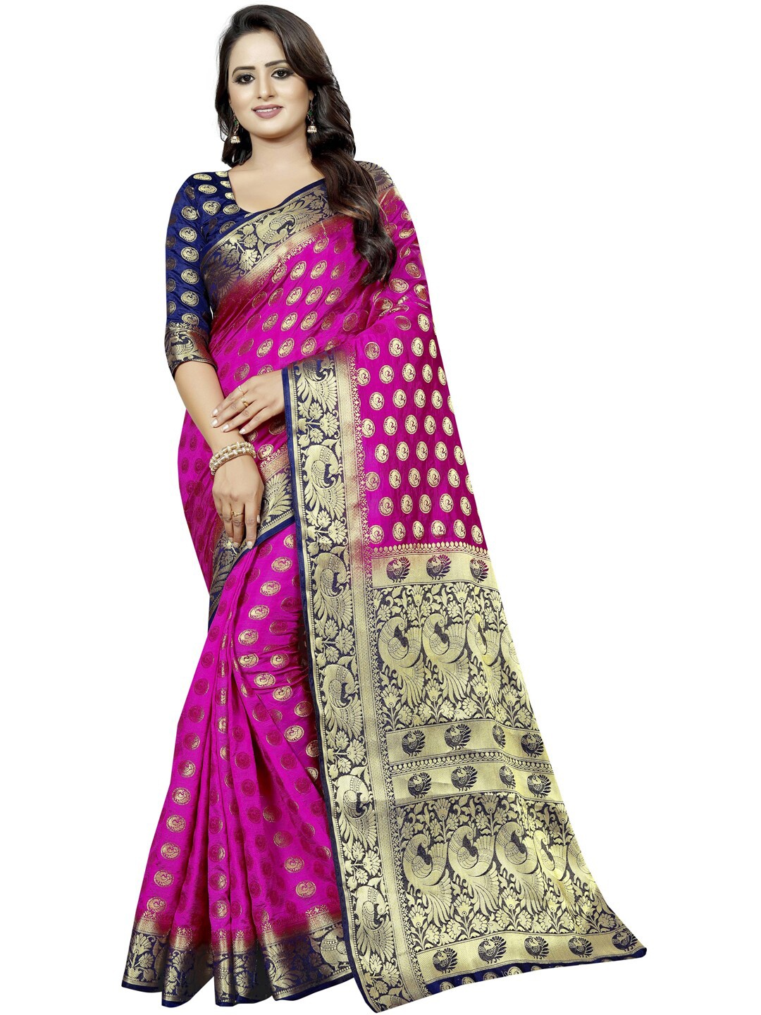

PERFECT WEAR Pink & Navy Blue Floral Zari Silk Cotton Banarasi Saree