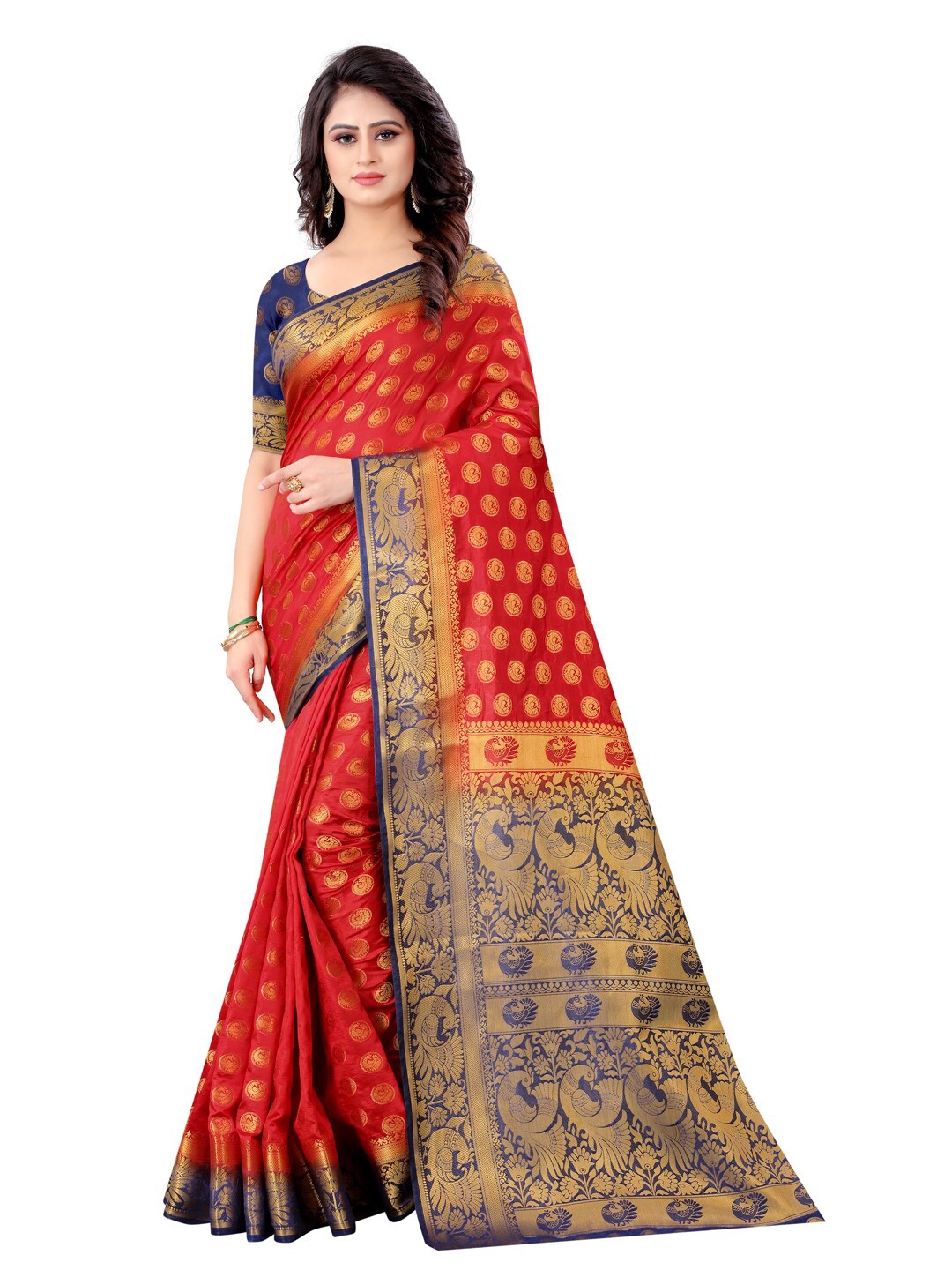 

PERFECT WEAR Red & Blue Ethnic Motifs Zari Banarasi Saree