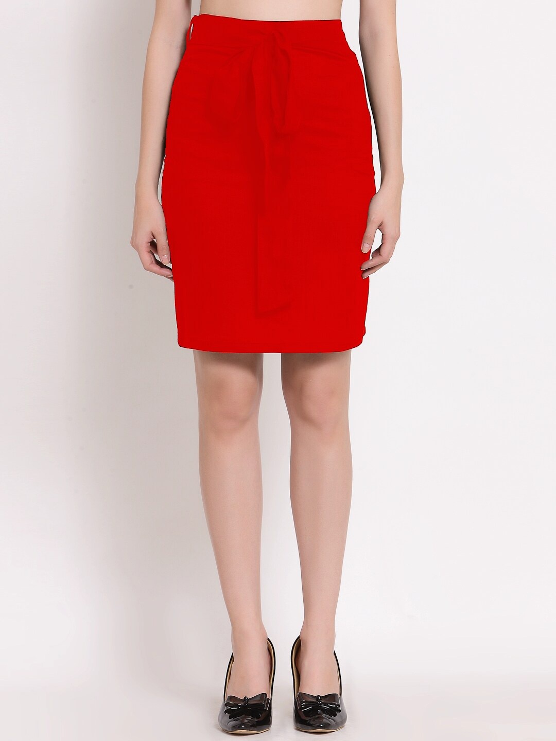 

PATRORNA Women Red Solid Above Knee Pencil Skirt
