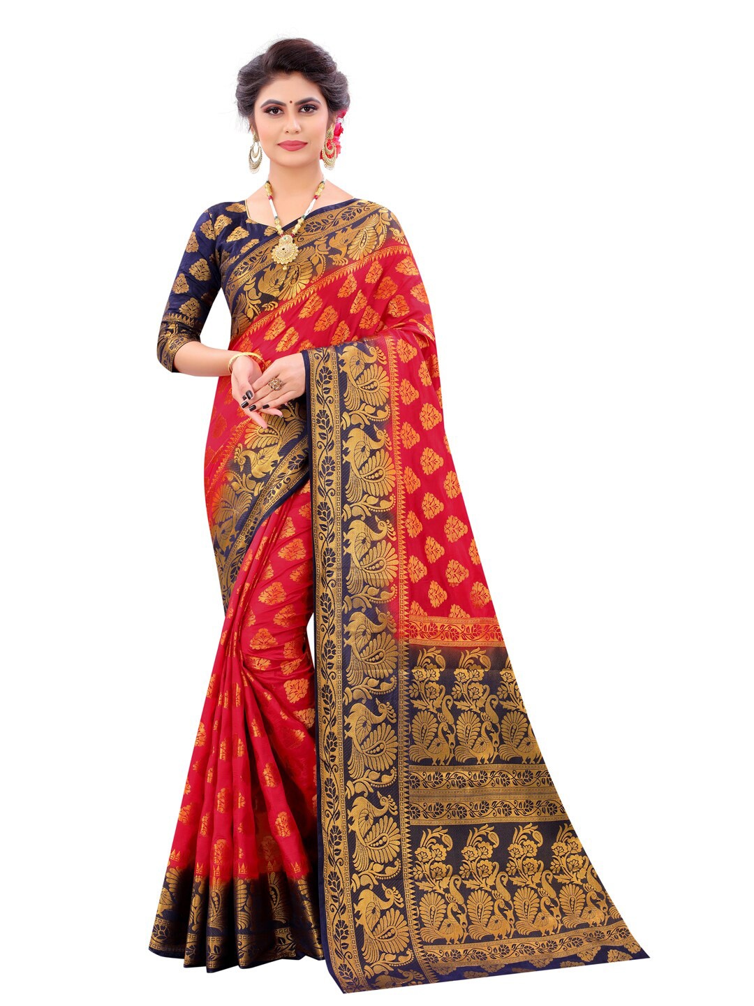 

PERFECT WEAR Red & Navy Blue Ethnic Motifs Zari Banarasi Saree