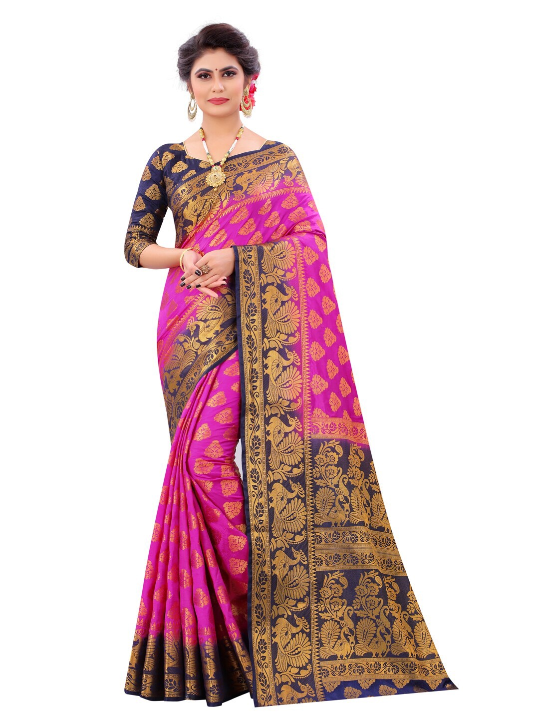 

PERFECT WEAR Navy Blue & Pink Floral Zari Silk Cotton Banarasi Saree
