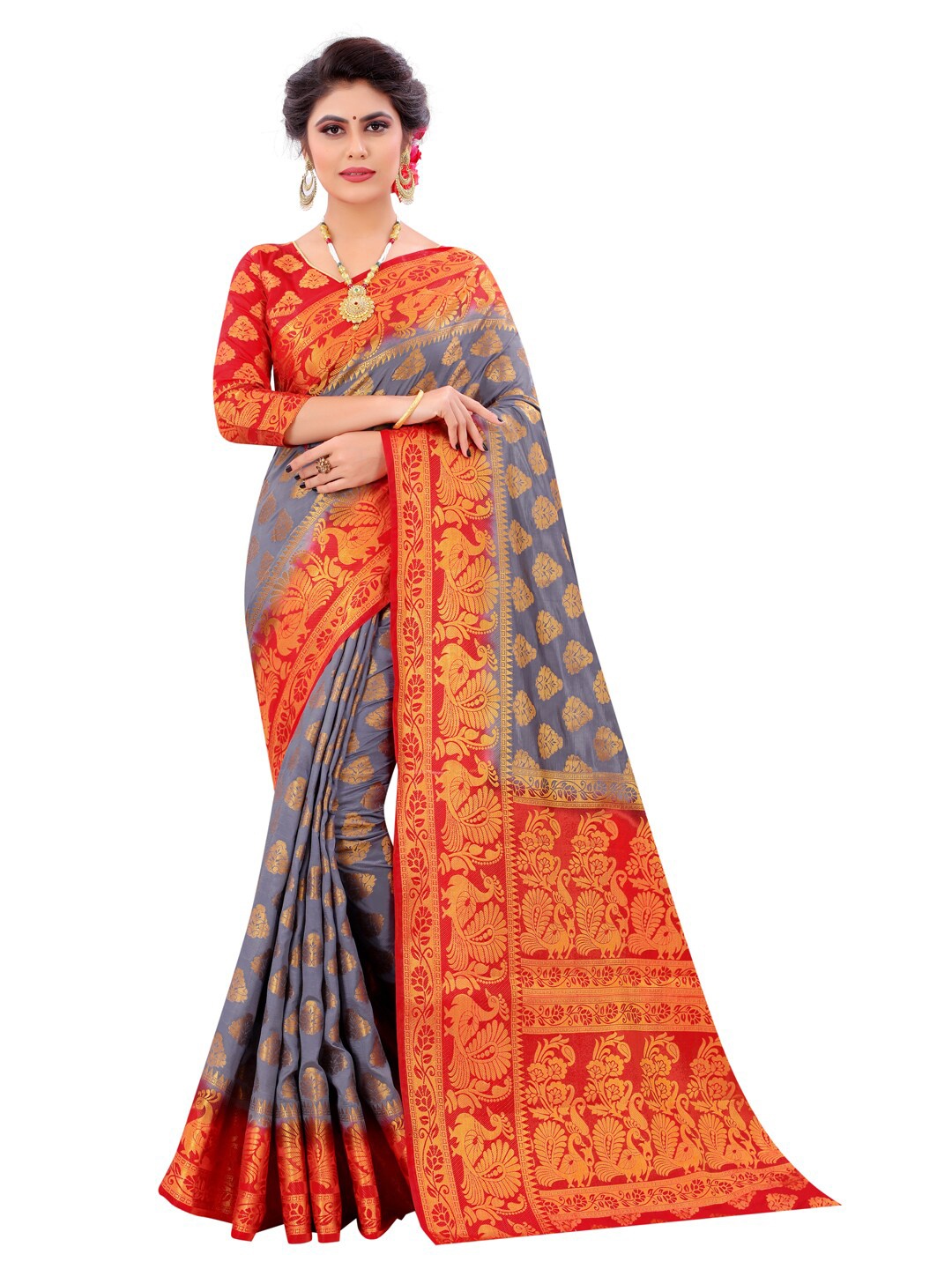 

PERFECT WEAR Grey & Red Ethnic Motifs Zari Banarasi Saree