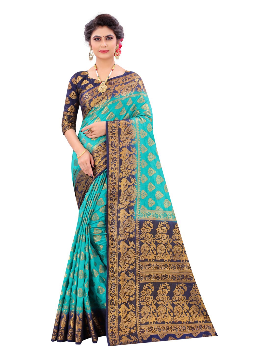 

PERFECT WEAR Navy Blue & Gold-Toned Floral Zari Silk Cotton Banarasi Saree