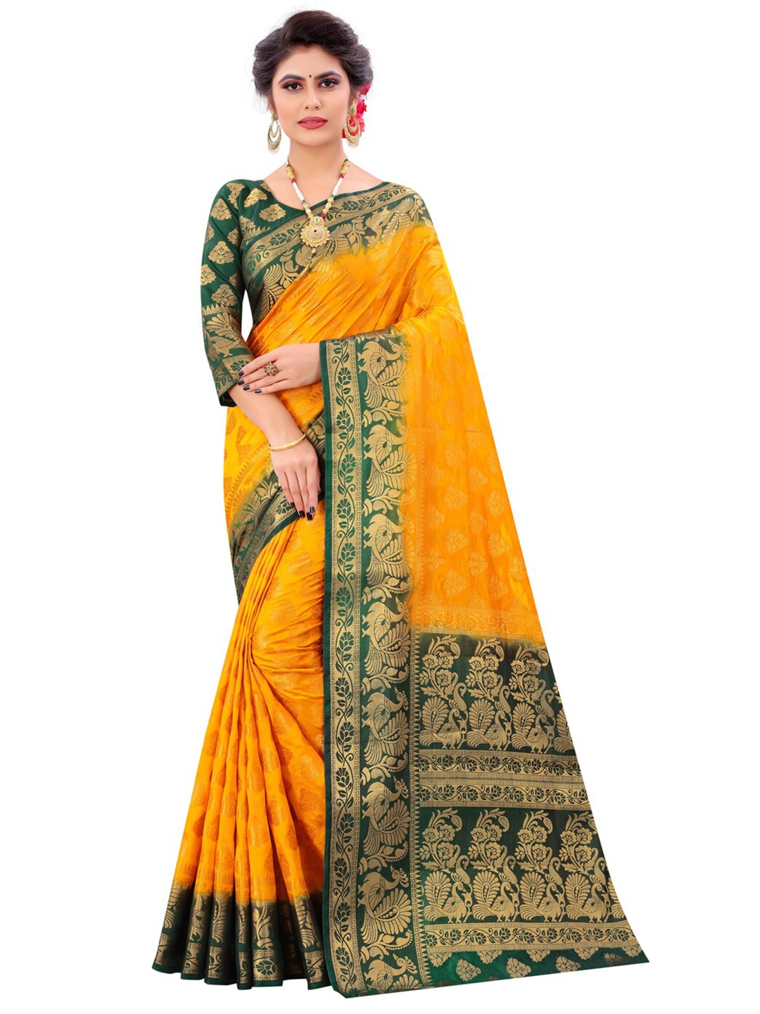 

PERFECT WEAR Yellow & Green Ethnic Motifs Zari Banarasi Saree