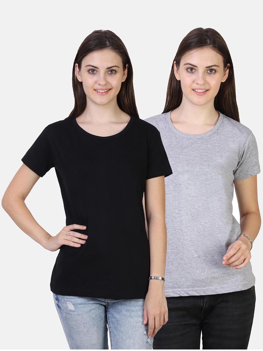 

Fleximaa Women Black & Grey Set Of 2 Cotton T-shirt
