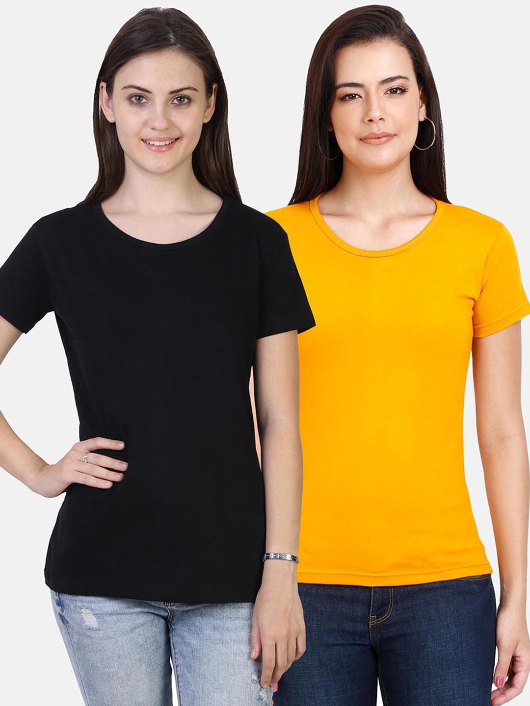 

Fleximaa Women Black & Mustard Yellow Solid Pack Of 2 T-shirts