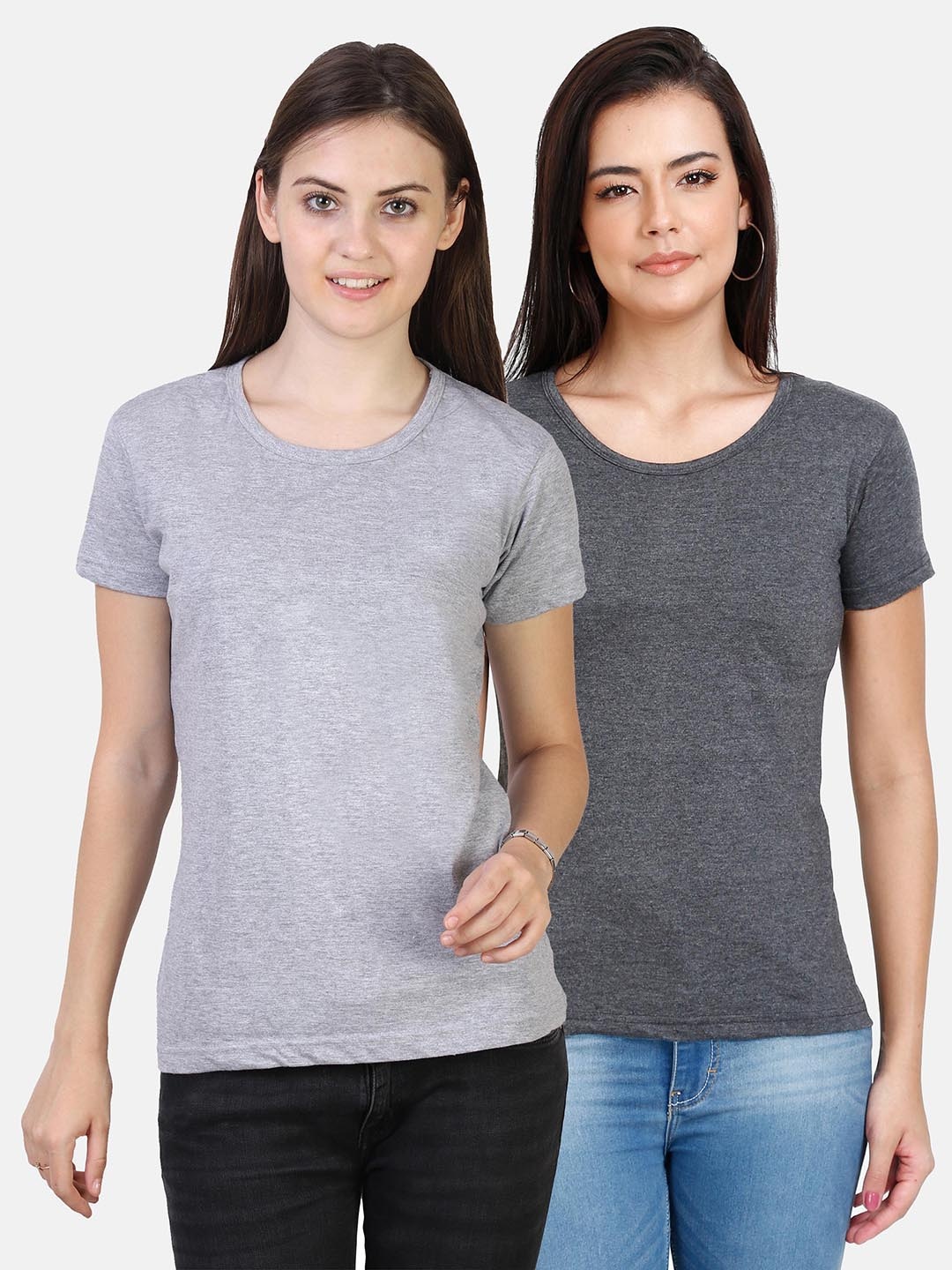 

Fleximaa Women Grey Pack of 2 Solid Cotton Regular T-shirt