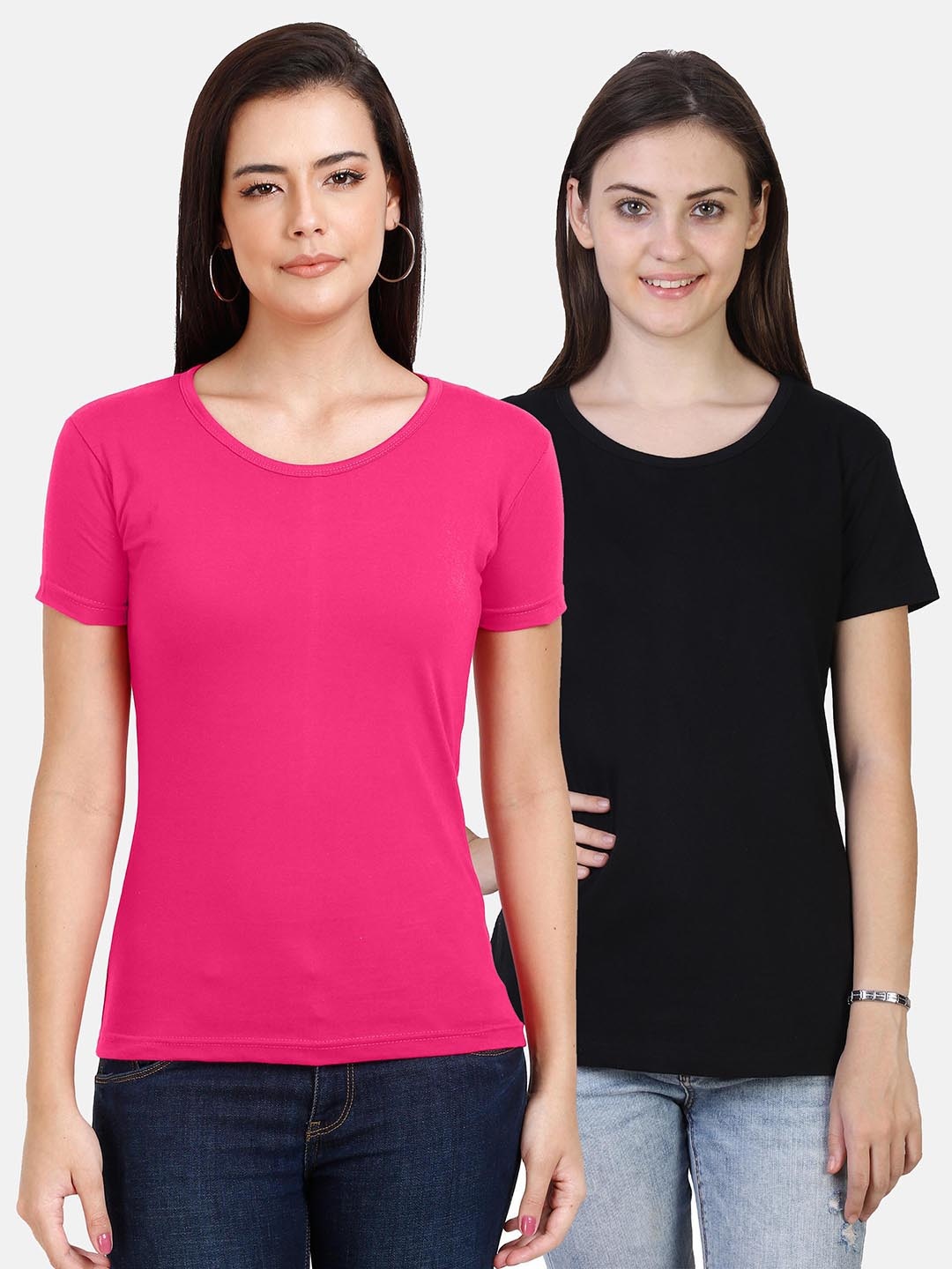 

Fleximaa Women Pack of 2 Fuchsia & Black Cotton T-shirts