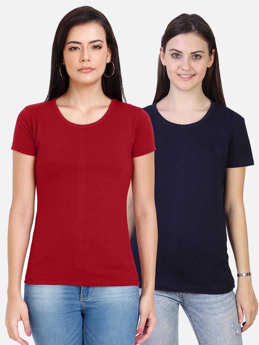 

Fleximaa Women Pack of 2 Maroon & Navy Blue Cotton T-shirts