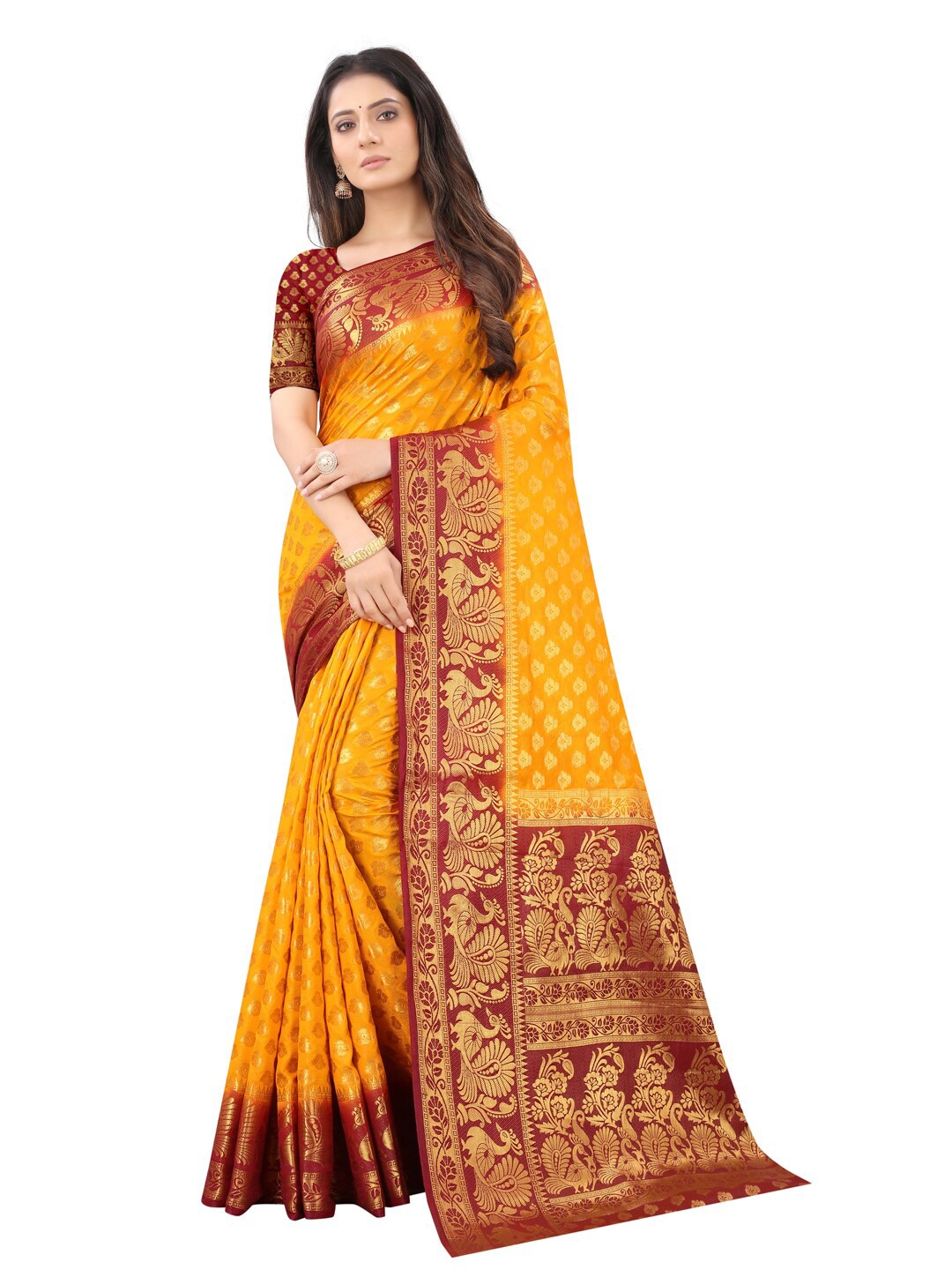 

PERFECT WEAR Maroon & Red Floral Zari Silk Cotton Banarasi Saree