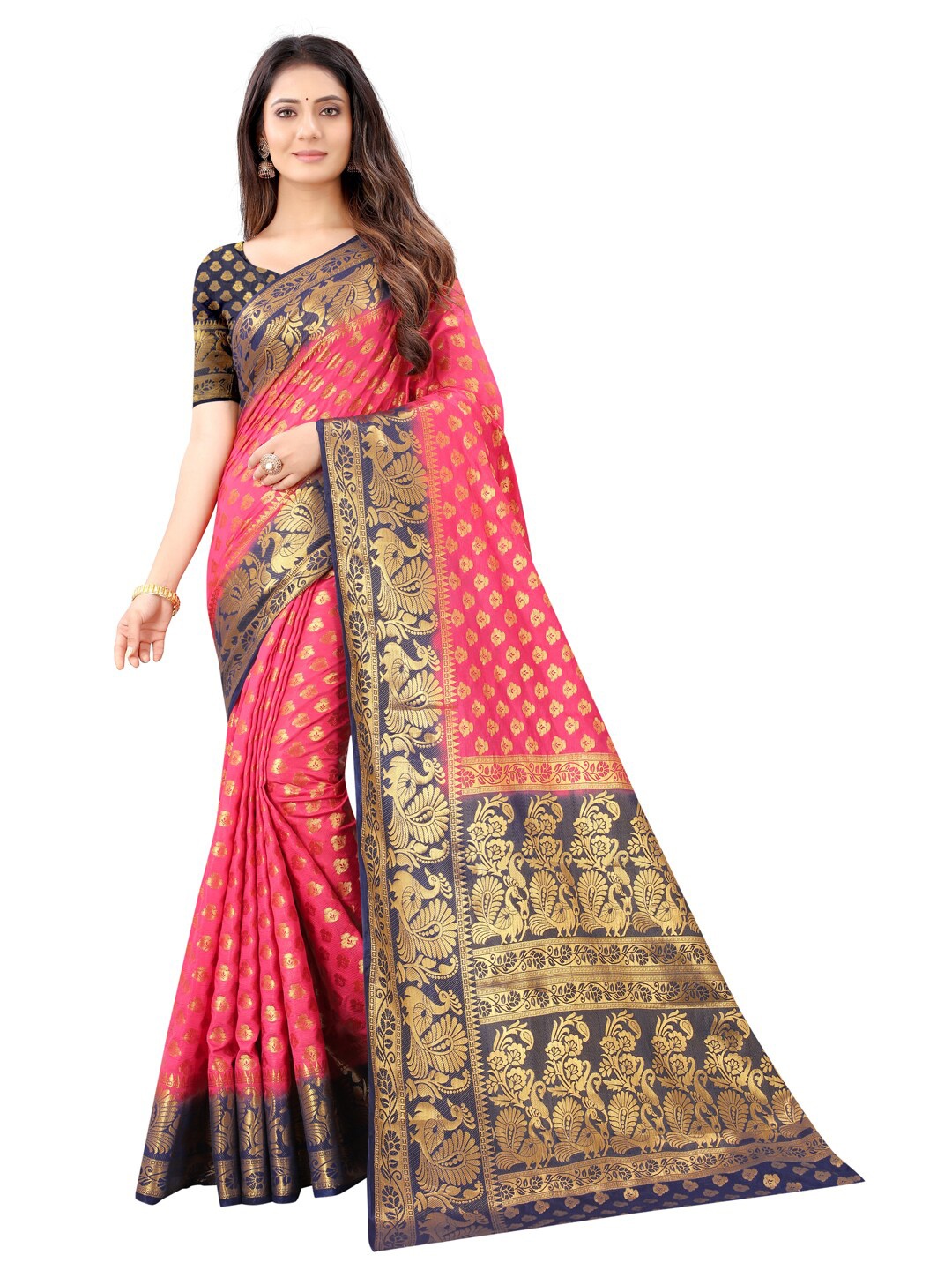

PERFECT WEAR Pink & Blue Ethnic Motifs Zari Silk Cotton Banarasi Saree