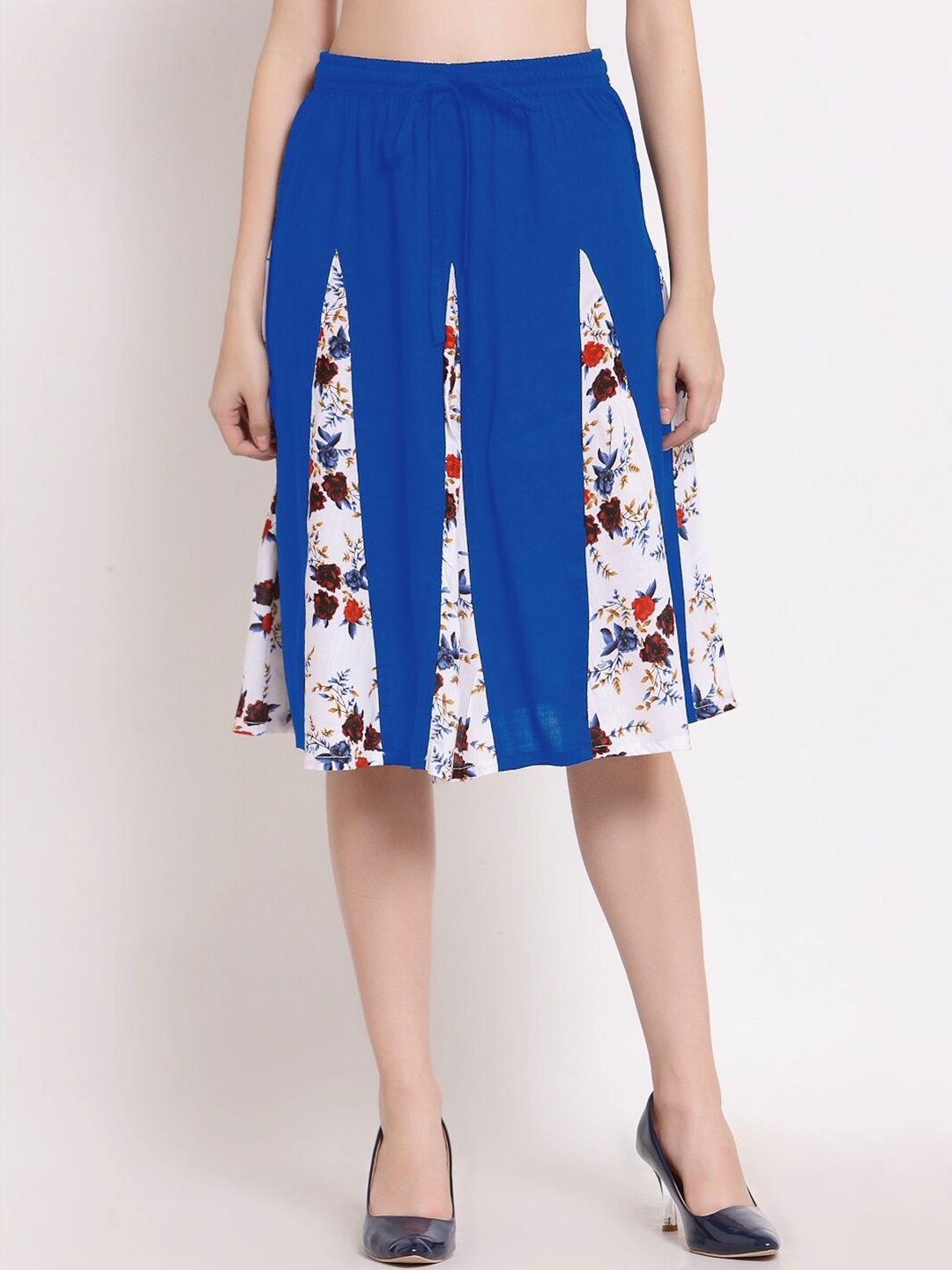 

PATRORNA Women Blue & White Printed Flared Skirt With Contrast Pleated Detailing