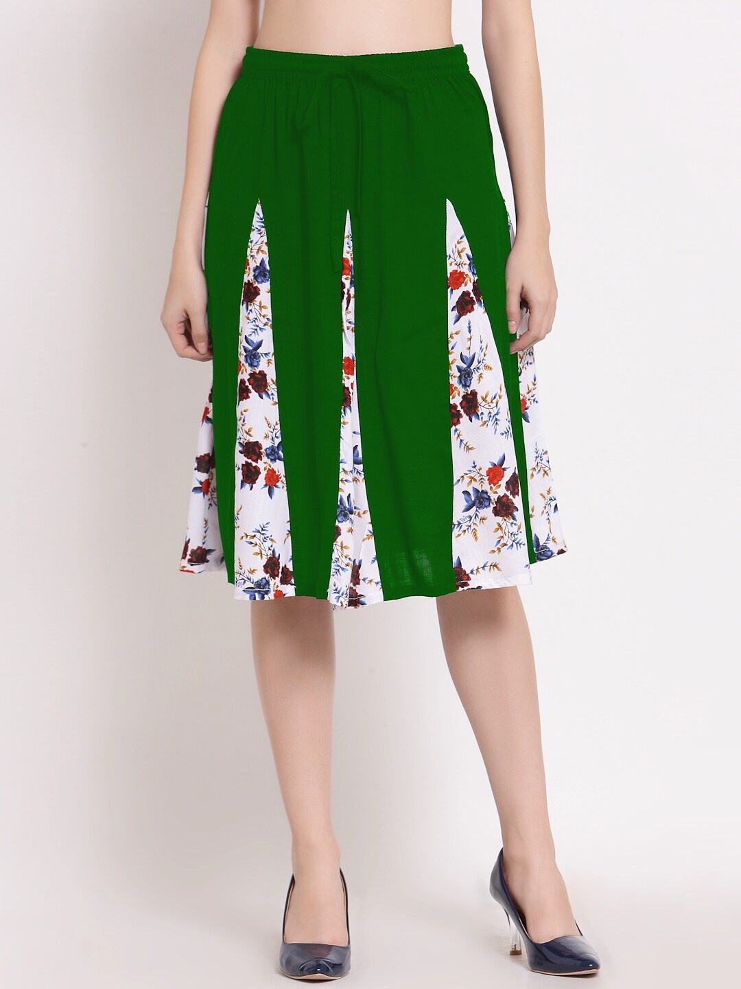 

PATRORNA Women Bottle-Green & White Printed Flared Knee-Length Skirt