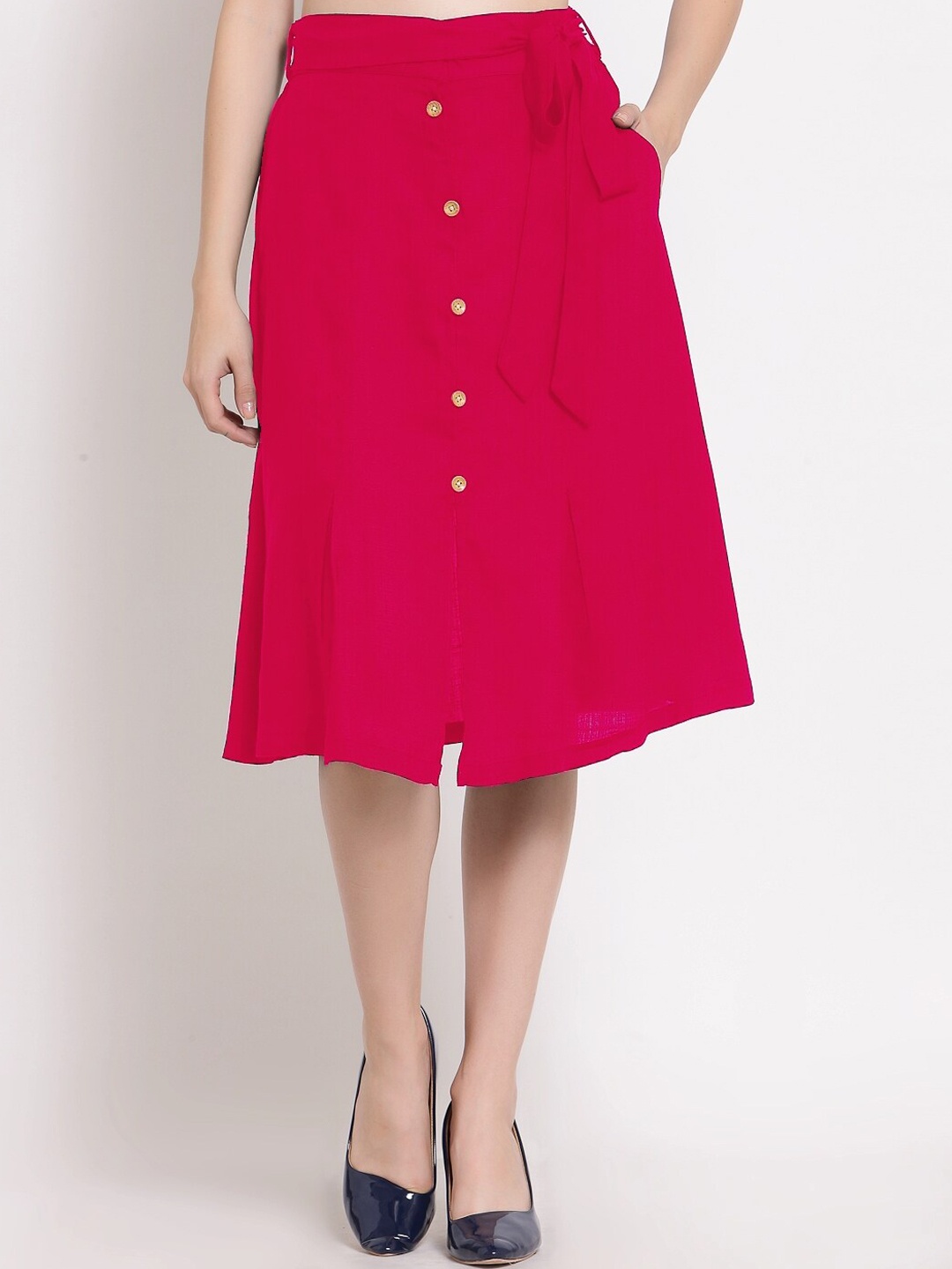 PATRORNA Women Plus Size Fuchsia Pink Solid A-Line Knee Length Skirts