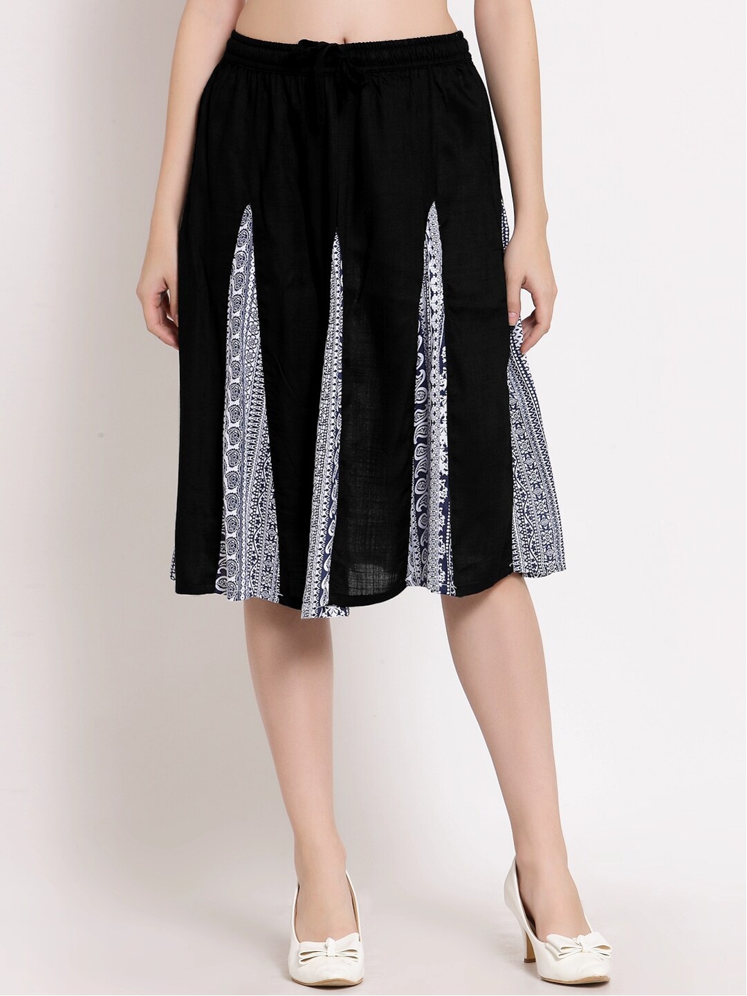 

PATRORNA Women Black Flared Knee-Length Skirt