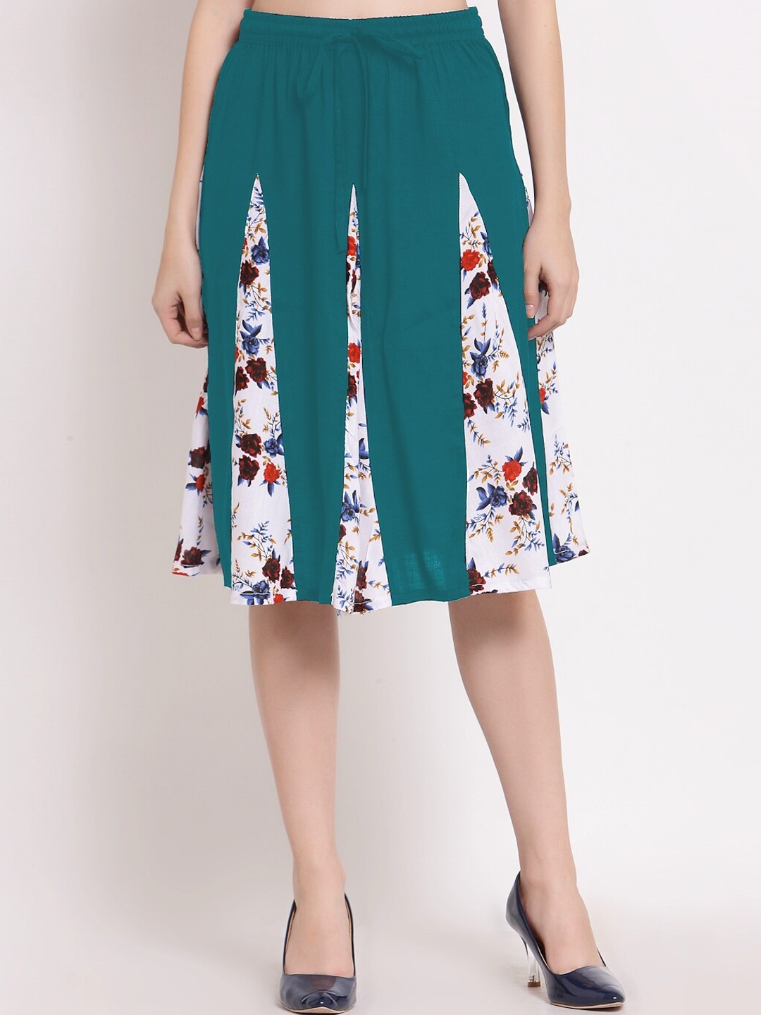 

PATRORNA Women Green & White Printed Flared Skirt With Contrast Pleated Detailing