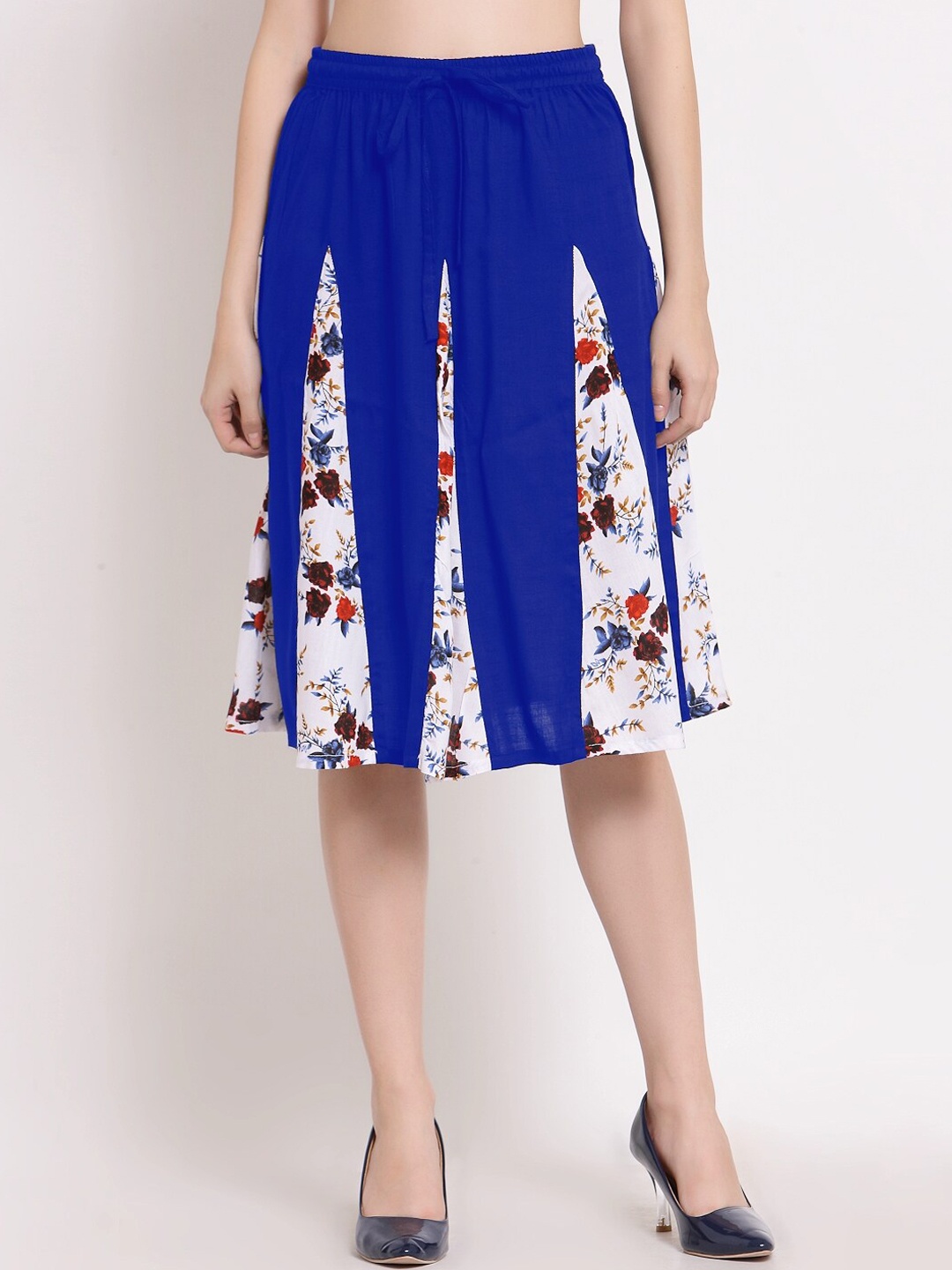 

PATRORNA Women Blue & White Printed Flared Skirt With Contrast Pleated Detailing