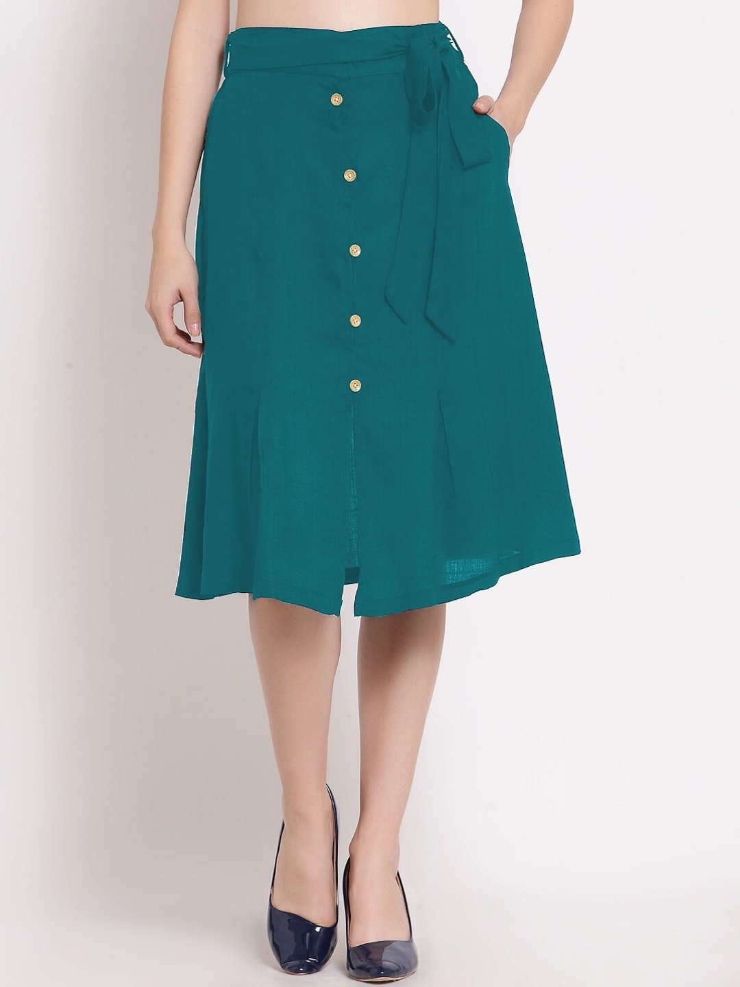 

PATRORNA Women Sea Green Solid A-Line Knee-Length Skirt