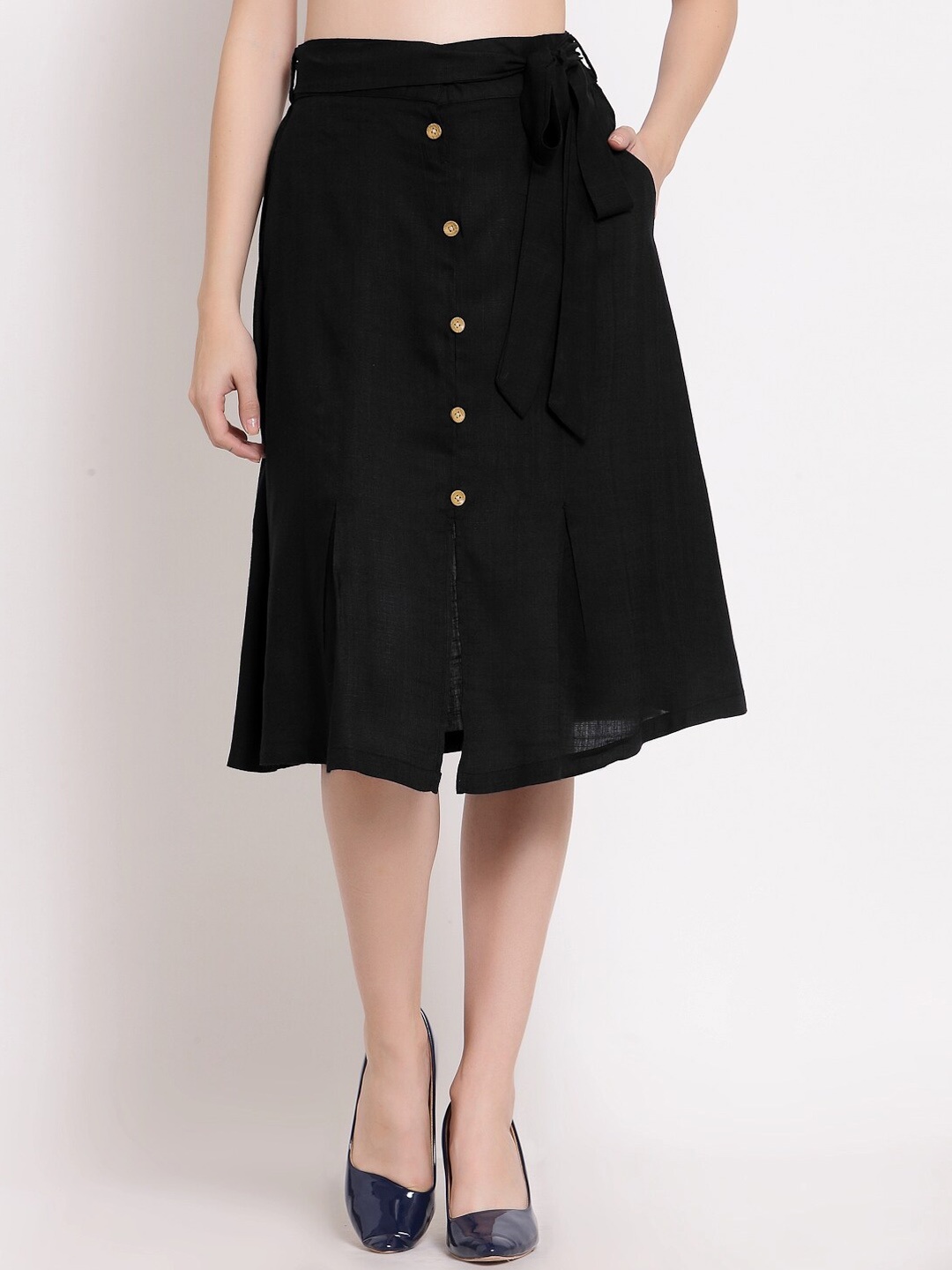 PATRORNA Women Black Solid Below Knee Length A-Line Skirts