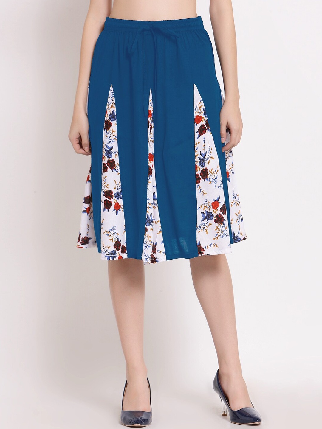 

PATRORNA Women Blue & White Printed Flared Skirt With Contrast Pleated Detailing