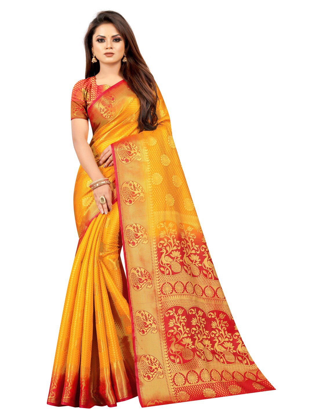 

PERFECT WEAR Yellow & Red Floral Zari Silk Cotton Banarasi Saree