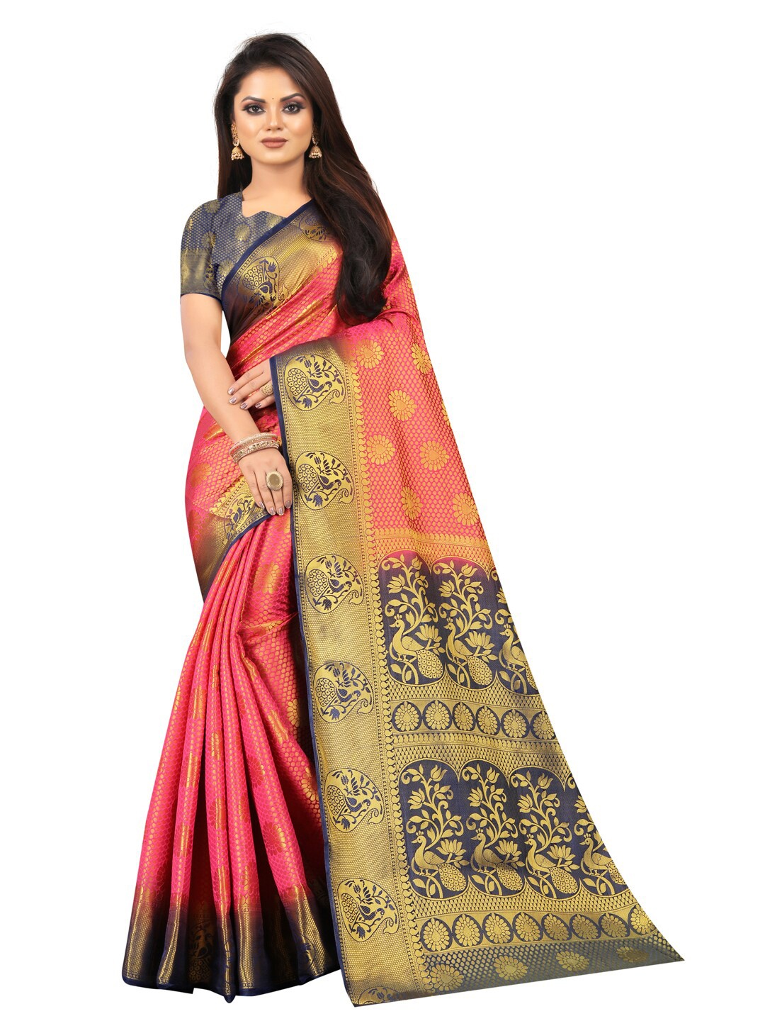 

PERFECT WEAR Pink & Blue Ethnic Motifs Zari Silk Cotton Banarasi Saree