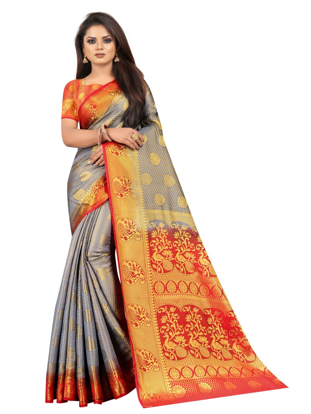 

PERFECT WEAR Grey & Red Woven Design Zari Silk Cotton Banarasi Saree