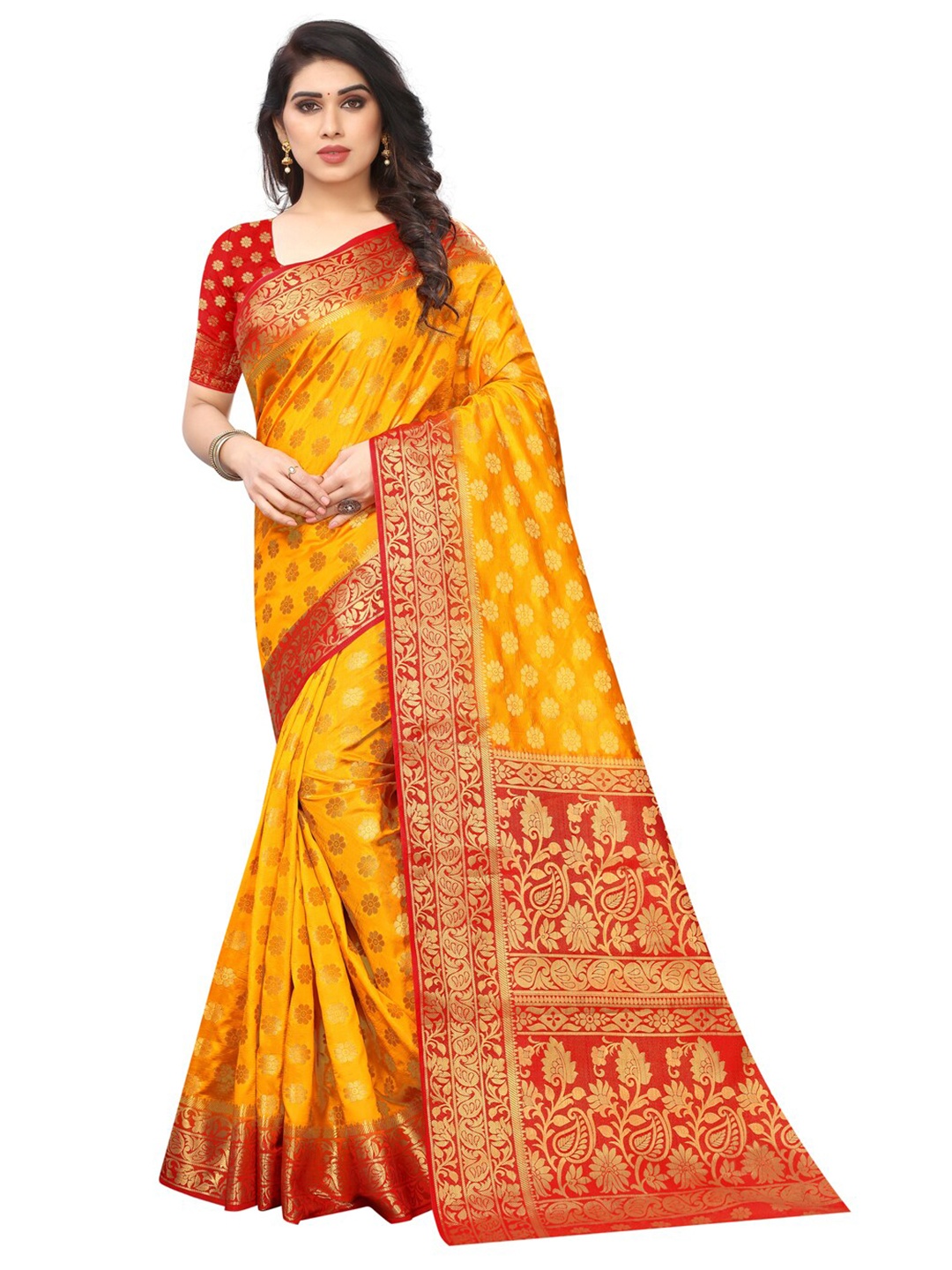 

PERFECT WEAR Yellow & Red Woven Design Zari Silk Cotton Banarasi Saree