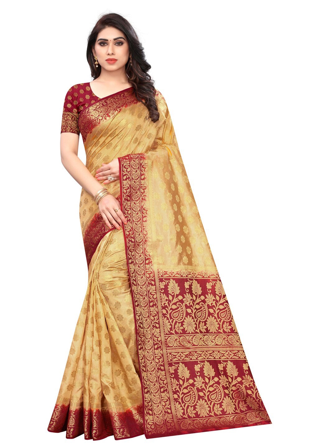 

PERFECT WEAR Golden & Maroon Ethnic Motifs Silk Cotton Banarasi Saree, Gold