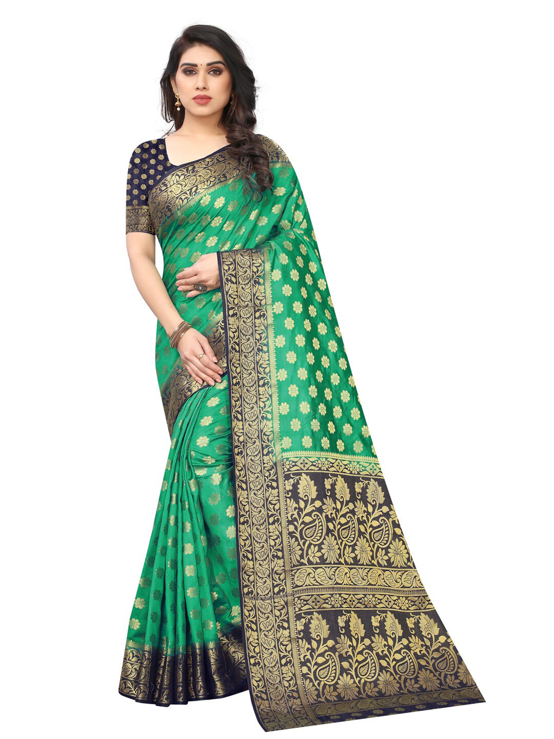 

PERFECT WEAR Green & Navy Blue Woven Design Zari Silk Cotton Banarasi Saree