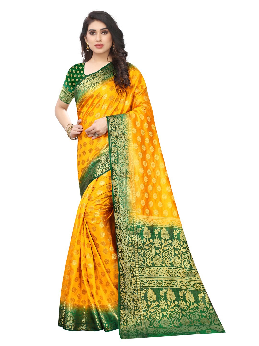 

PERFECT WEAR Yellow & Green Floral Zari Banarasi Saree