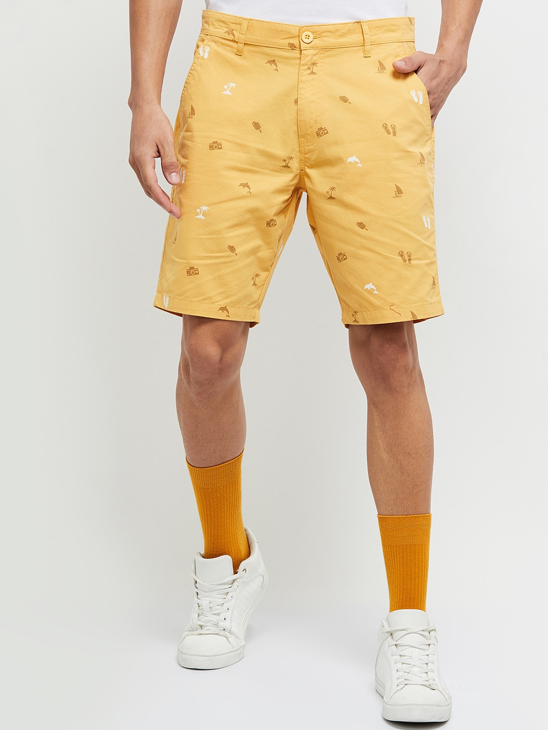 

max Men Yellow Graphic Printed Cotton Shorts