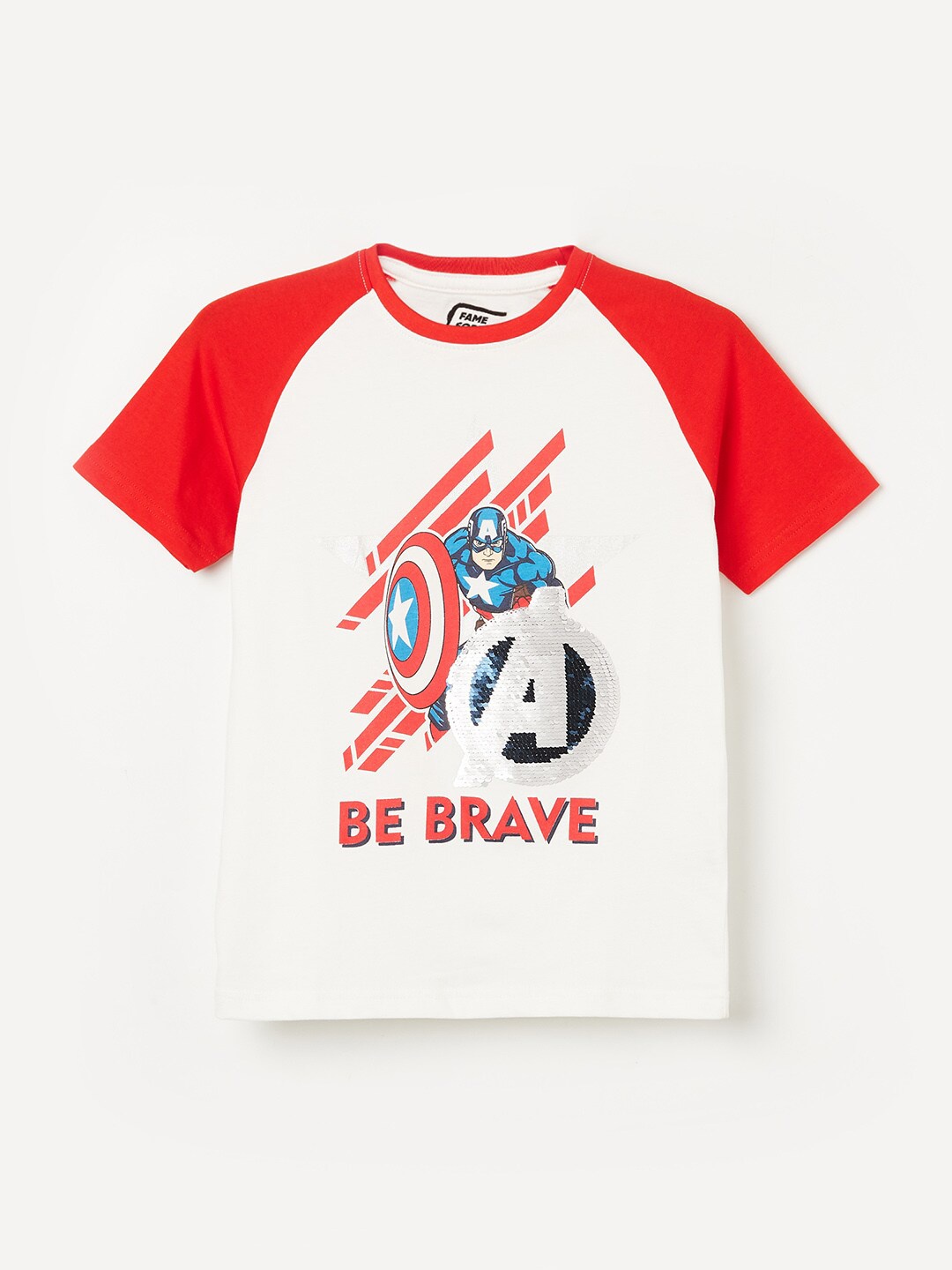 

Fame Forever by Lifestyle Boys White & Red Avengers Printed Drop-Shoulder Sleeves Pure Cotton Applique T-shirt