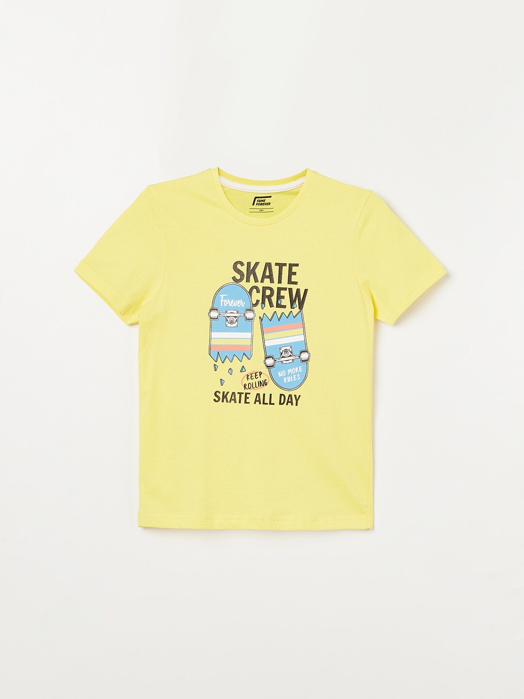 

Fame Forever by Lifestyle Boys Yellow Typography Printed Pure Cotton T-shirt