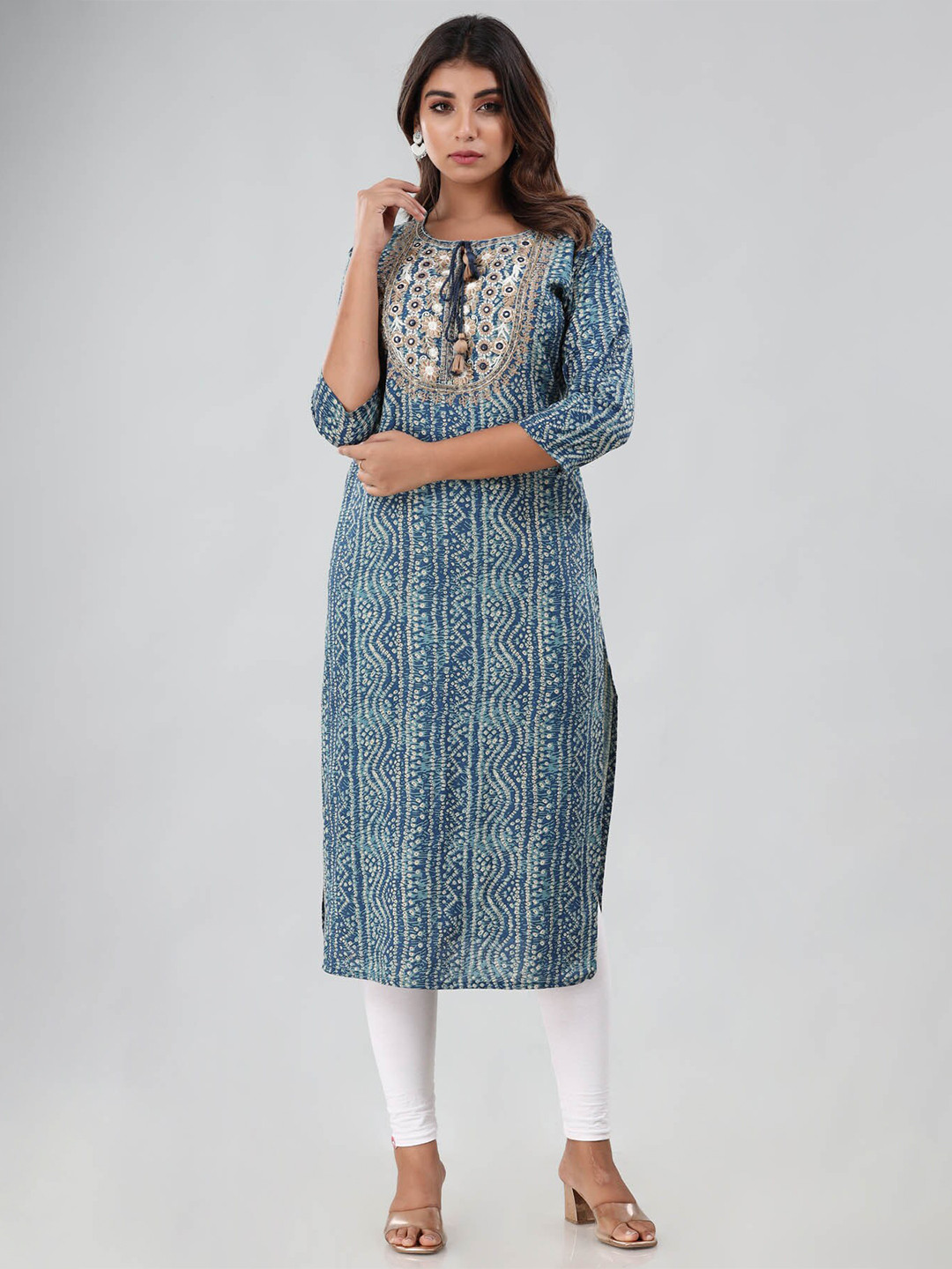

FASHION DWAR Woman Blue Round Neck Bandhani Embroidered Straight Kurti