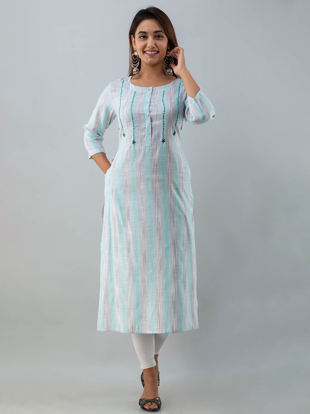 

FASHION DWAR Women Grey & Blue Striped Thread Work Kurta