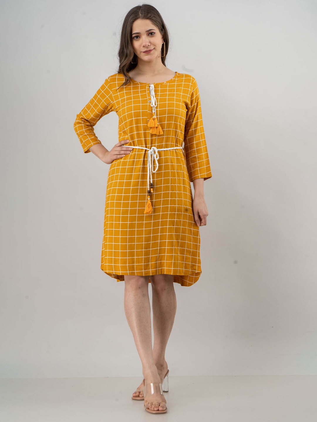 

FASHION DWAR Yellow Checked Tie Up A-Line Dress