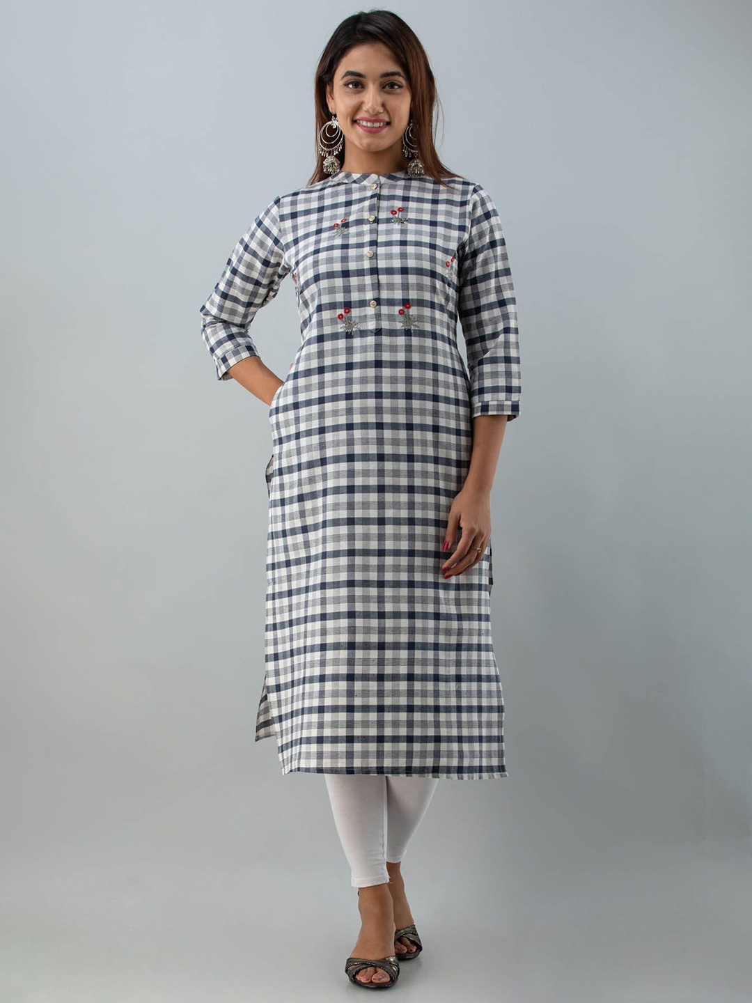 

FASHION DWAR Checked Printed Thread Work Pure Cotton Kurta, Black