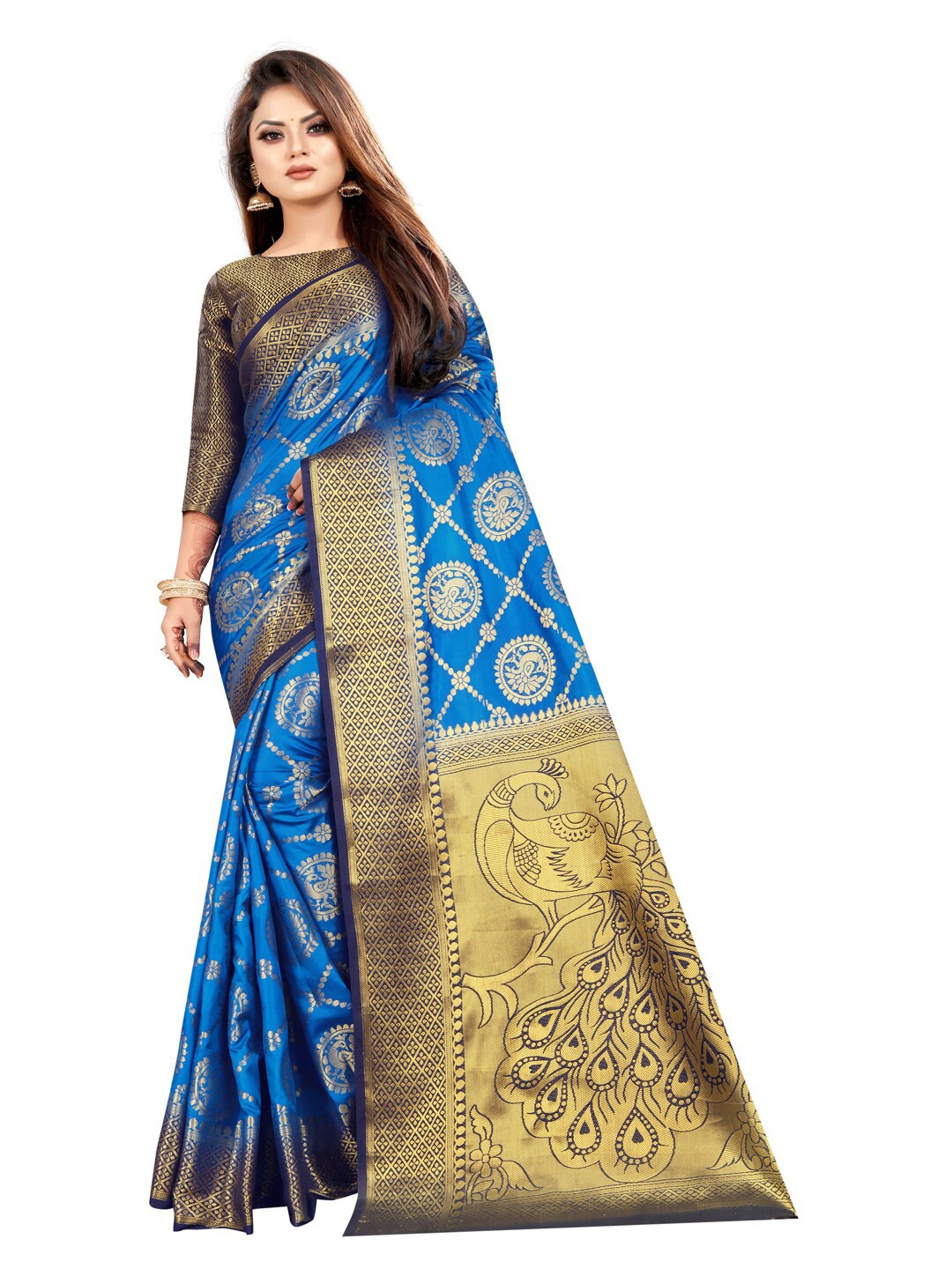 

PERFECT WEAR Navy Blue & Gold-Toned Ethnic Motifs Zari Silk Cotton Banarasi Saree