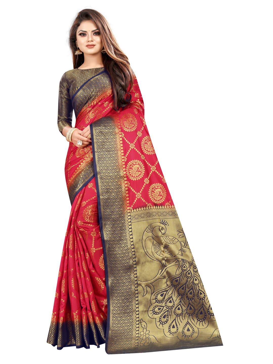 

PERFECT WEAR Red & Blue Woven Design Banarasi Saree