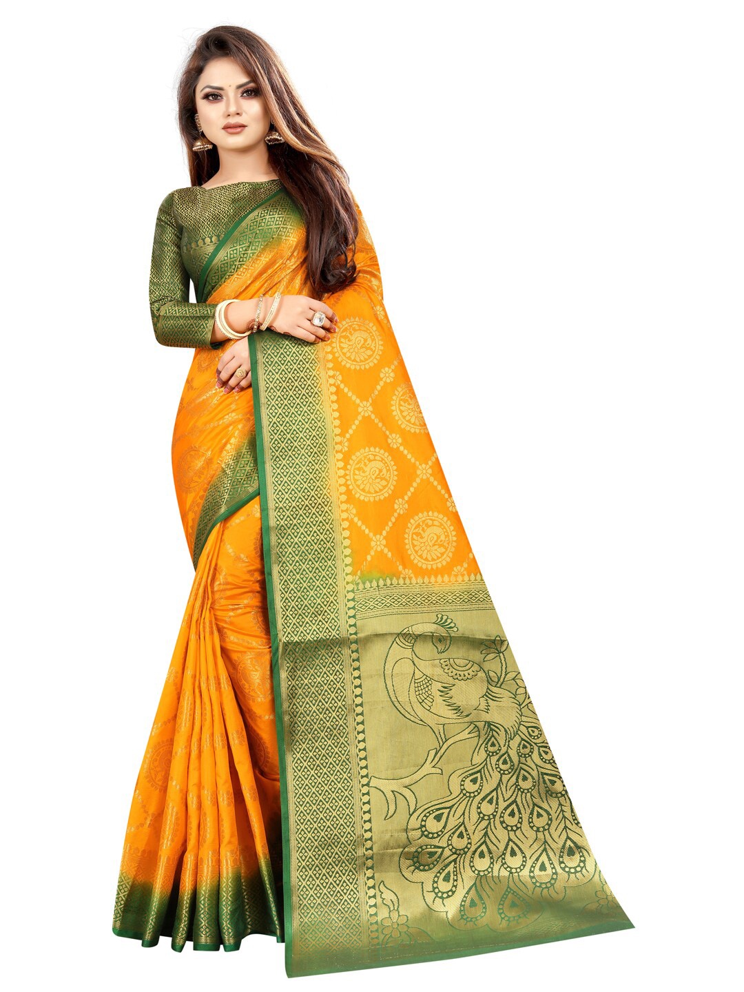 

PERFECT WEAR Mustard Yellow & Olive Green Woven Design Zari Silk Cotton Banarasi Saree