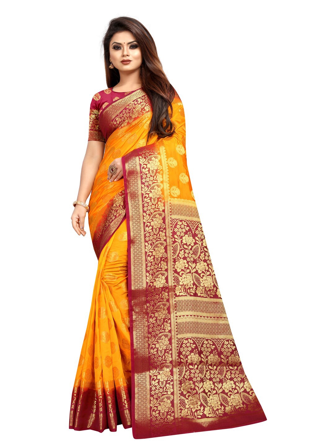 

PERFECT WEAR Yellow & Red Floral Zari Silk Cotton Banarasi Saree