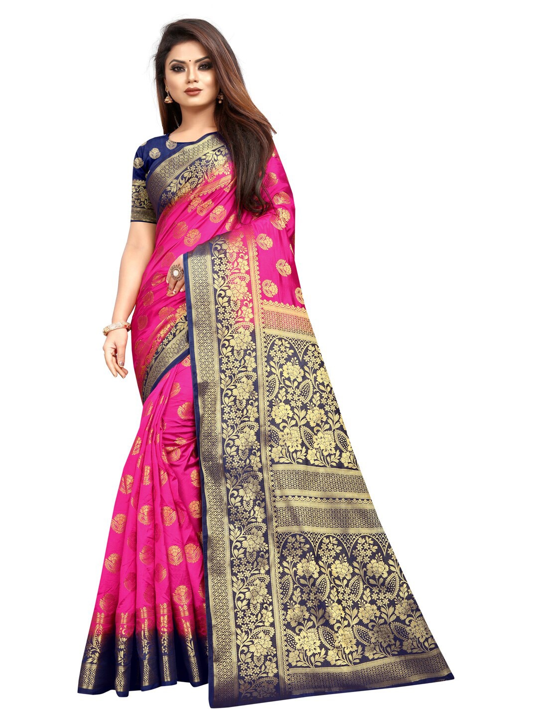 

PERFECT WEAR Magenta & Navy Blue Floral Zari Silk Cotton Banarasi Saree