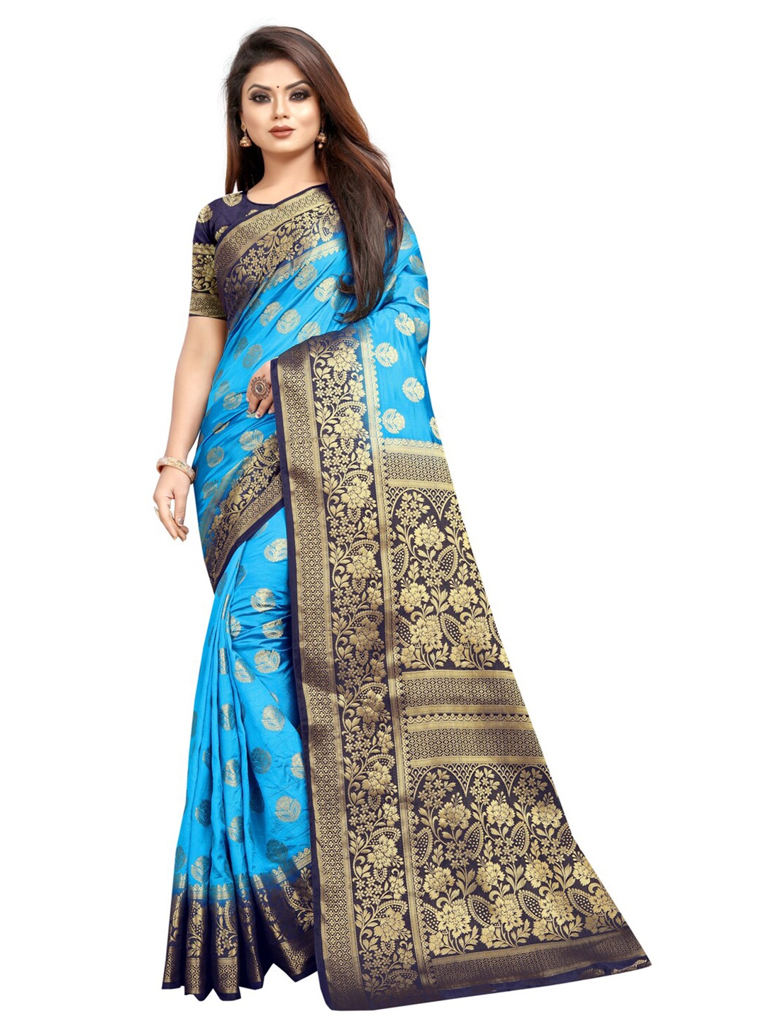 

PERFECT WEAR Navy Blue & Turquoise Blue Woven Design Zari Silk Cotton Banarasi Saree