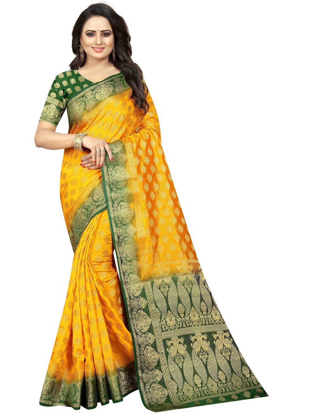 

PERFECT WEAR Yellow & Green Ethnic Motifs Zari Silk Cotton Banarasi Saree