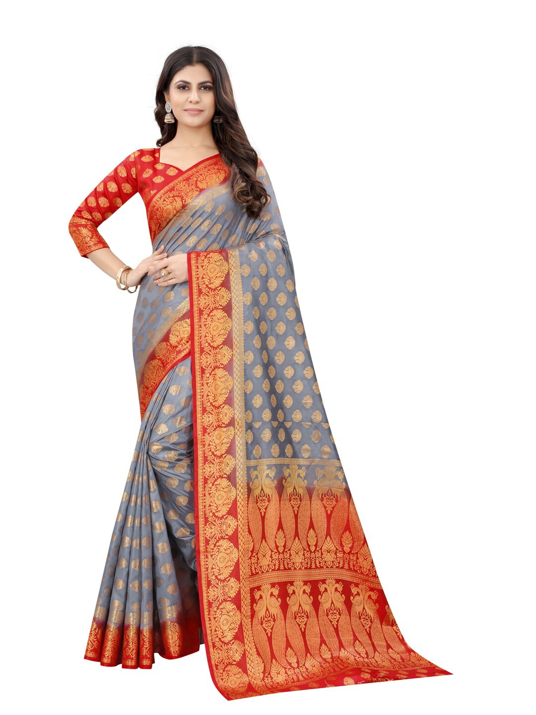 

PERFECT WEAR Grey & Red Floral Zari Silk Cotton Banarasi Saree