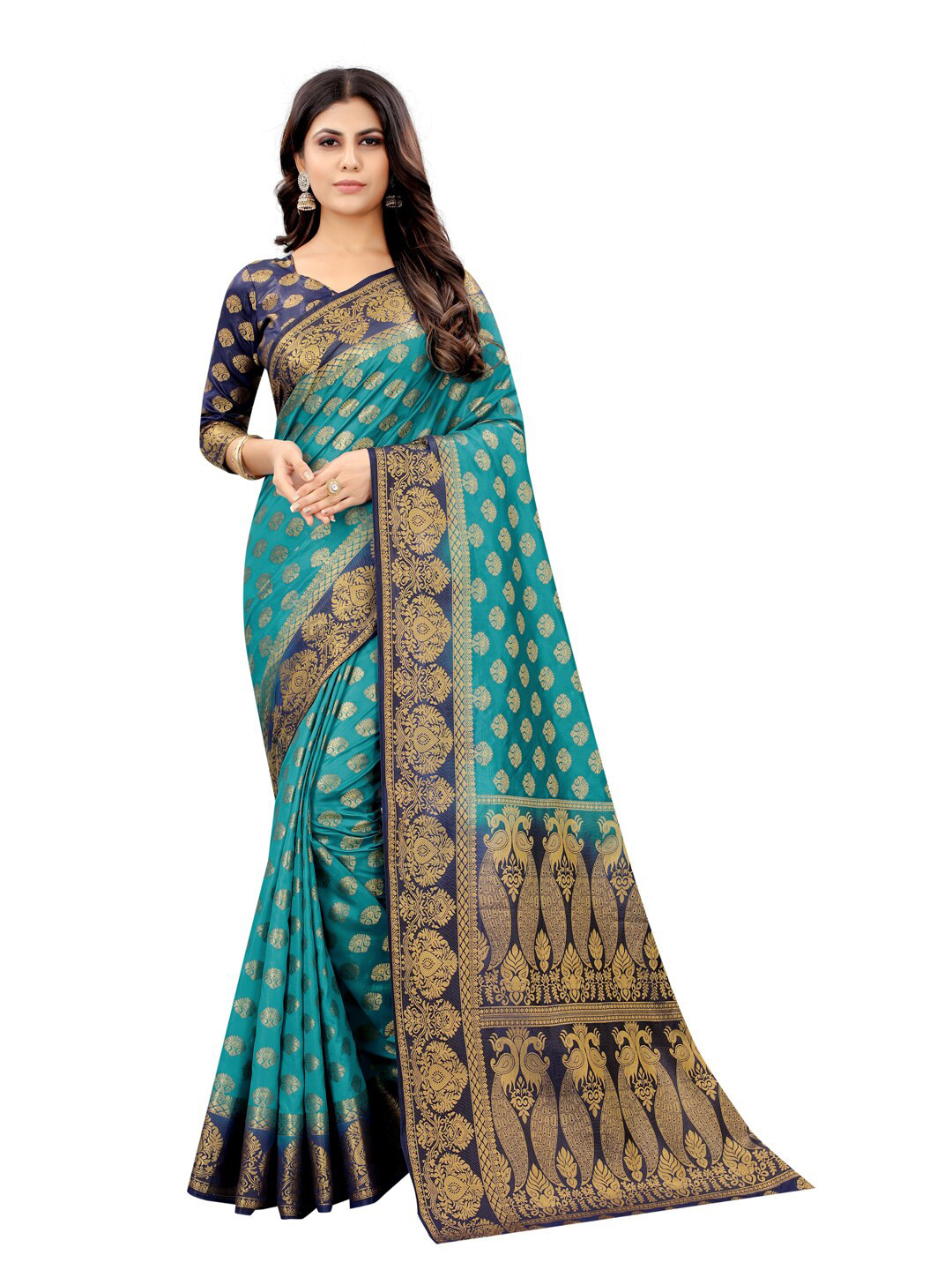 

PERFECT WEAR Navy Blue & Gold-Toned Floral Zari Silk Cotton Banarasi Saree